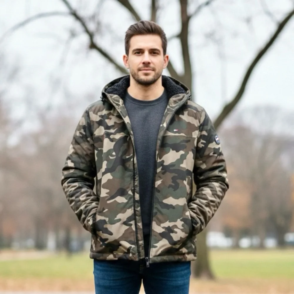 Tommy Hilfiger Men’s Sherpa Lined Softshell Hooded Camo Jacket Size M Medium